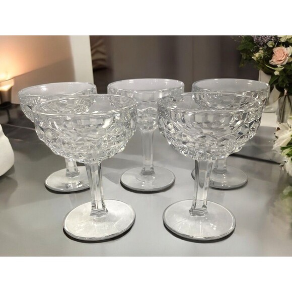 Fostoria American Sherbet Champagne Clear Glass Round Bottom Stem Set Of 5 MCM - Picture 1 of 10